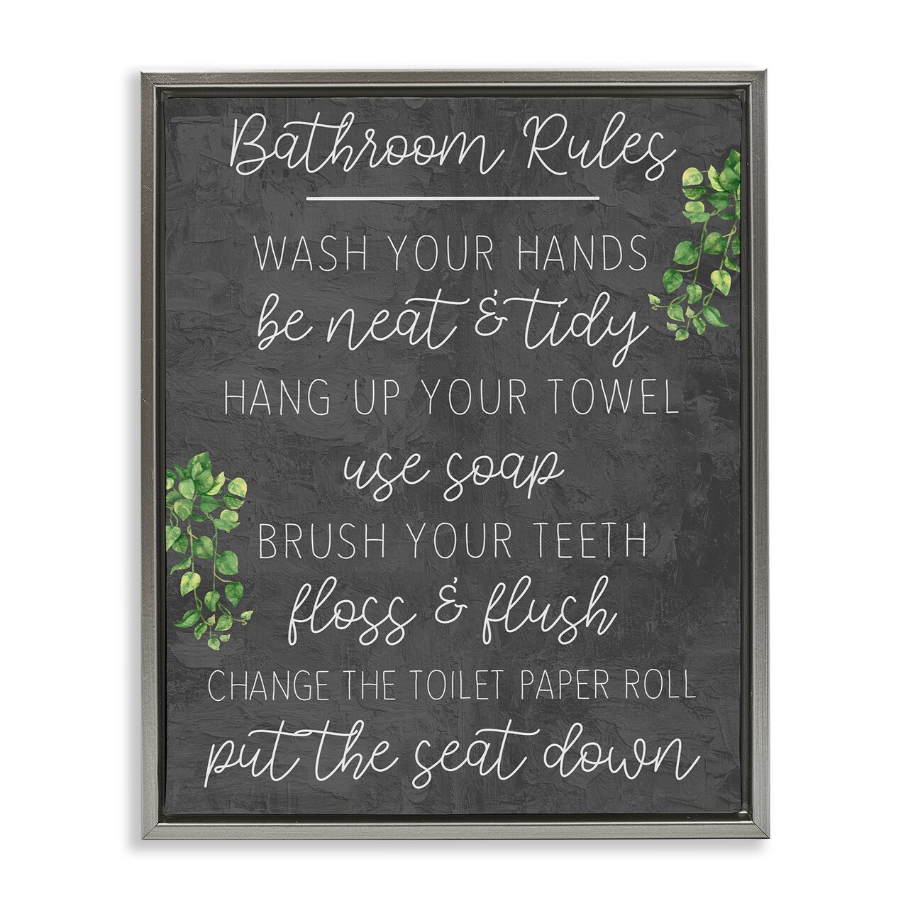 Stupell Industries Bathroom Rules with Greenery Framed Floater Canvas Wall Art Design by Kim Allen